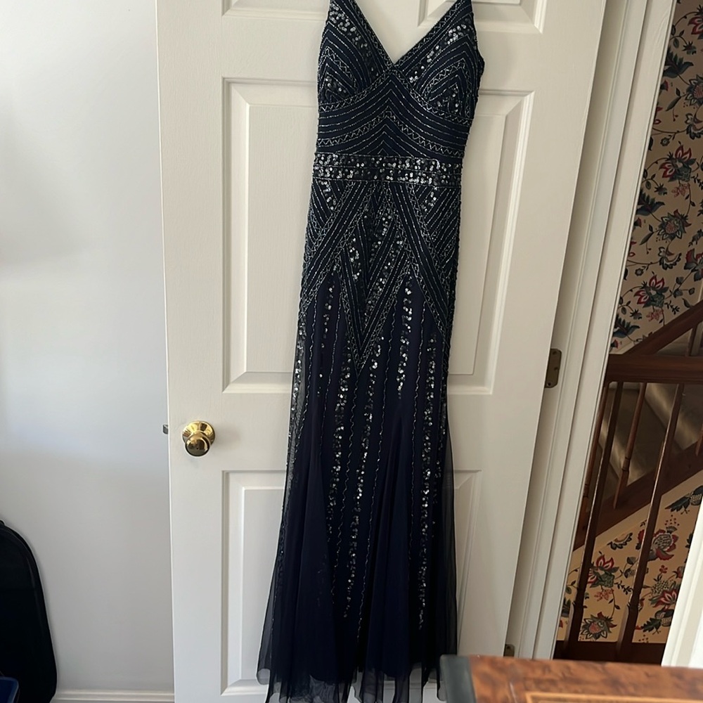 Navy sequin prom dress